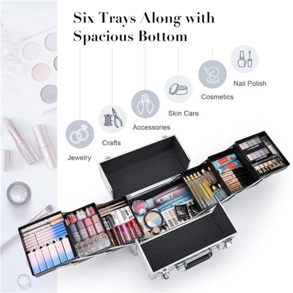 Makeup Case Cosmetic Organizer Case Extra Large 12Inch 6Trays Portable Organizer - Picture 3 of 7